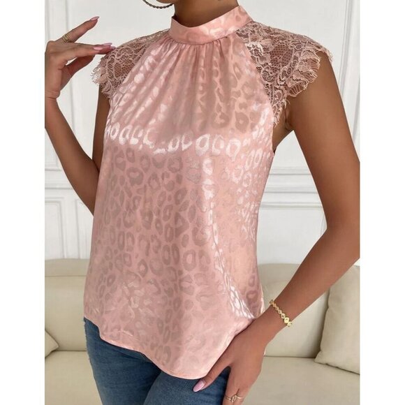 Leopard Elegant Dusty Pink Contrast Lace Satin Blouse - Picture 3 of 6